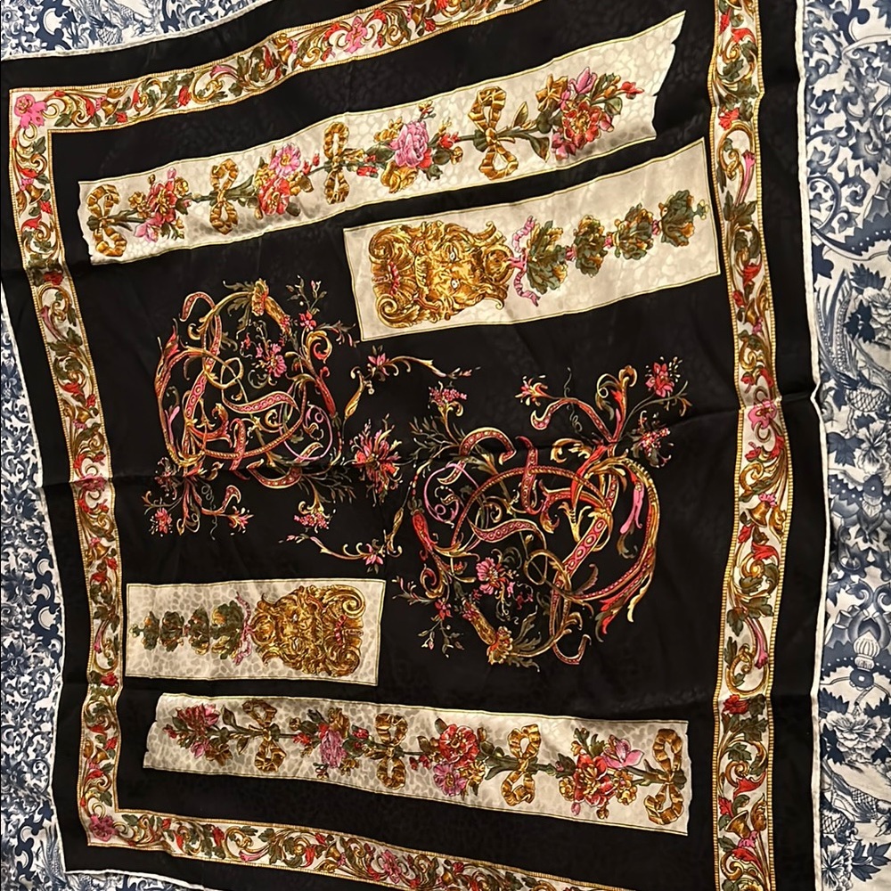 Careta made in Italy Elegant Black and Gold Floral Scarf, 34”x34”